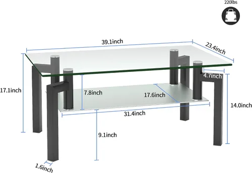 Vista 2 de Mesa de centro rectangular de cristal contemporánea con estante de almacenamiento, 4 patas modernas de metal negro para sala de estar y oficina