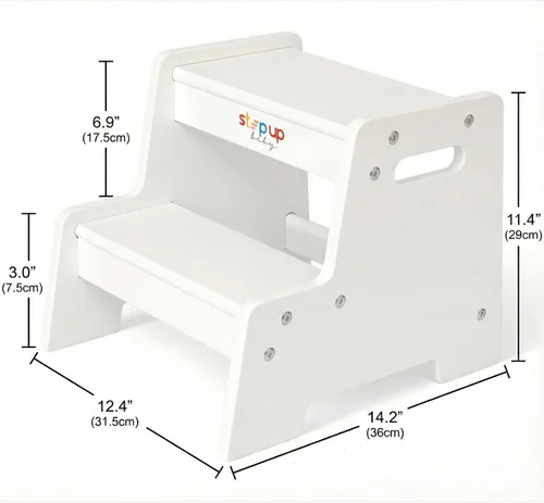 Vista 10 de Taburete de madera barnizado para niños – Taburete infantil de 2 pasos con asas, madera contrachapada de abedul, base antipunta y esquinas