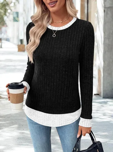 Vista 4 de WIHOLL Camisas de manga larga para mujer, trajes de otoño, suéteres ligeros Negro - blanco