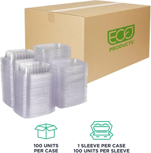 Vista 2 de ECO PRODUCTS Contenedores de delicatessen compostables de 8oz transparentes rectangulares con tapas, paquete de 100, para preparación de comidas