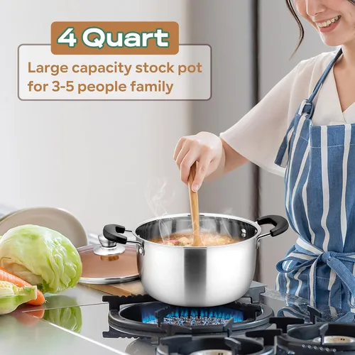 Vista 4 de LIANYU Olla de 4 cuartos de galón, olla de pasta de sopa de acero inoxidable con tapa transparente, olla resistente para hervir a fuego lento, mango