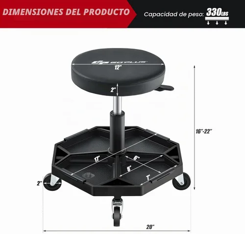 Vista 3 de Goplus Taburete mecánico con ruedas, bandeja magnética para herramientas Negro