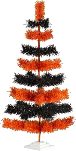 Vista 5 de Árbol de Navidad multicolor naranja y negro con temática de Halloween, cepillo en capas de oropel artificial con soporte incluido (18 pulgadas)