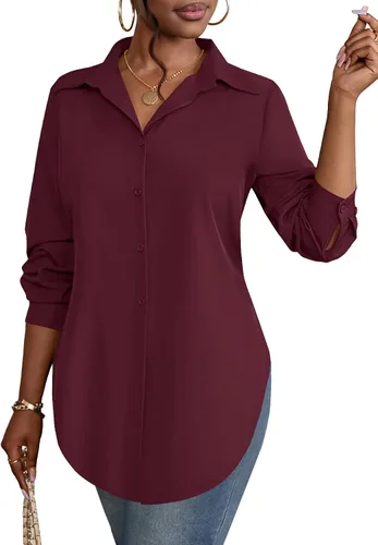 Vista 24 de Rooscier Blusa larga con cuello en V para mujer, manga larga, abertura lateral, con botones