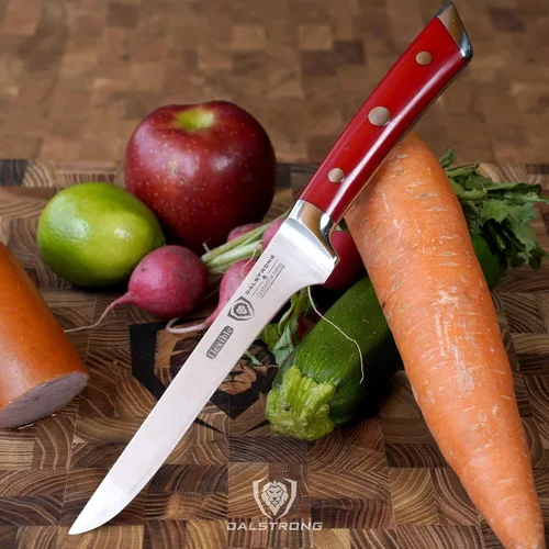 Vista 7 de Dalstrong Cuchillo para deshuesar, 6 pulgadas, serie Gladiator, acero alemán de alto carbono, mango ABS rojo carmesí, talla de carne, recorte
