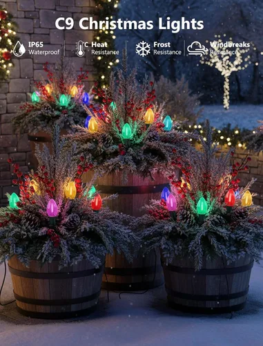 Vista 3 de 11.58m luces LED multicolor para camino de Navidad, 25 luces multicolor extensibles resistentes al clima para camino de Navidad con bombillas LED C9