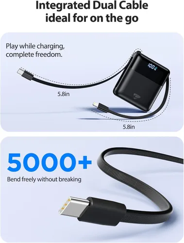 Vista 7 de Cargador portátil de 10000 mAh Banco de energía de carga rápida, paquete de batería USB C de 22.5W con cables incorporados, cargador portátil