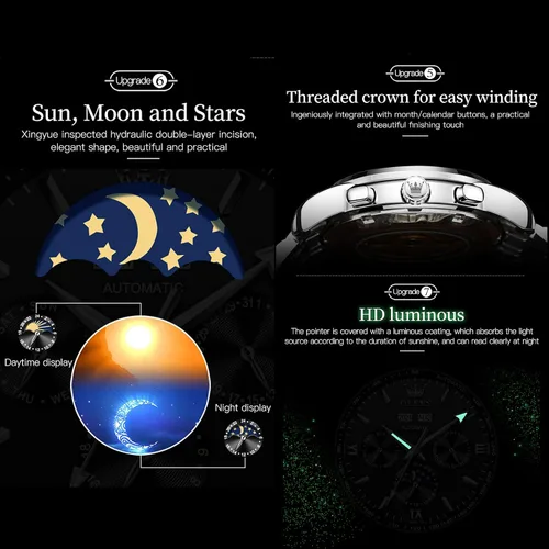 Vista 5 de OLEVS Man Automatic Watches Automatic Mechanical Tourbillon Waterproof Business Watch Stainless Steel Case Strap Day Date Sun Moon Phase Window