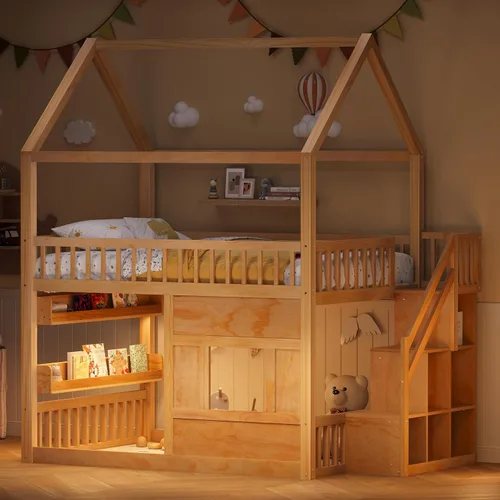 Vista 10 de Cama tipo loft de tamaño matrimonial con escalera de almacenamiento y escritorio, marco de cama tipo loft de madera maciza con ventanas, estantes