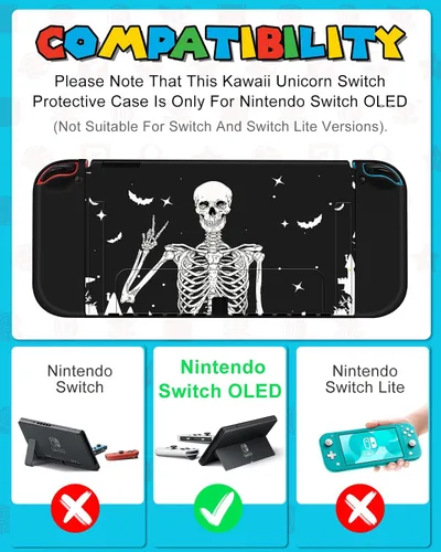 Vista 2 de 9in1 Skull Skeleton Switch Oled Case for Nintendo Switch Oled Carrying Cases Boy Hard Protective Cover Dockable Skin+Thumb Grips+Game