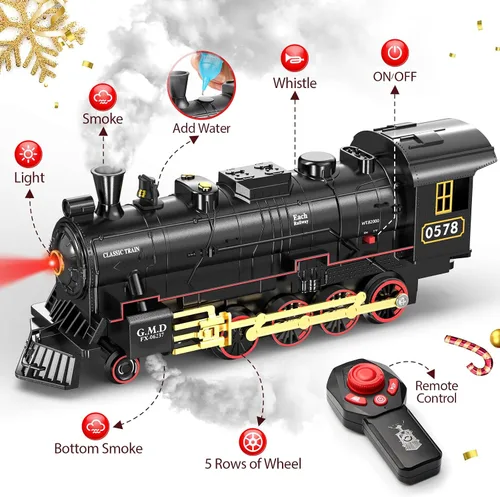 Vista 2 de Conjunto de Tren Hot Bee para Niños, Juego de Tren de Navidad con Control Remoto con Locomotora de Vapor, Coches de Pasajeros Ligeros y Pistas