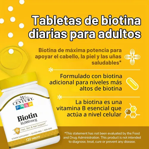 Vista 2 de 21st Century Tabletas de biotina, 10,000 mcg, sin sabor 120