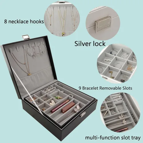 Vista 4 de BOOVO Joyero de piel sintética con cerradura organizador de joyas multifuncional para mujer adecuado para almacenamiento collares anillos pulseras