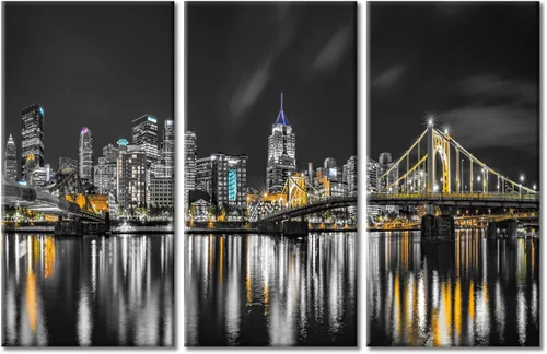 Vista 90 de TUMOVO 3 paneles de paisaje urbano en blanco y negro de Estados Unidos, arte de pared, famoso puente Golden Gate, San Francisco por la noche