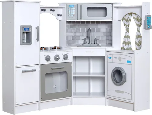 Vista 11 de KidKraft Ultimate - Cocina de esquina de madera con luces y sonidos, teléfono de juego y cortinas, Espresso, regalo para niños de 3 años en adelante