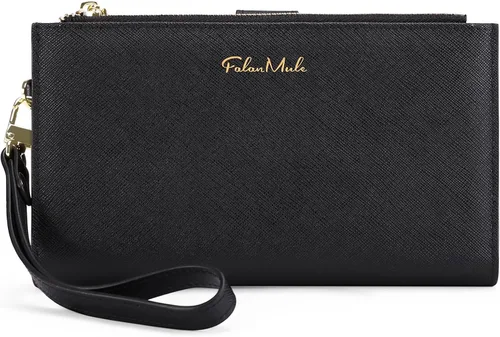 Vista 9 de FALAN MULE Cartera de cuero para mujer, de gran capacidad, bifold, con bloqueo RFID, tarjetero con bolsillo para monedas con cremallera Aa-negro.