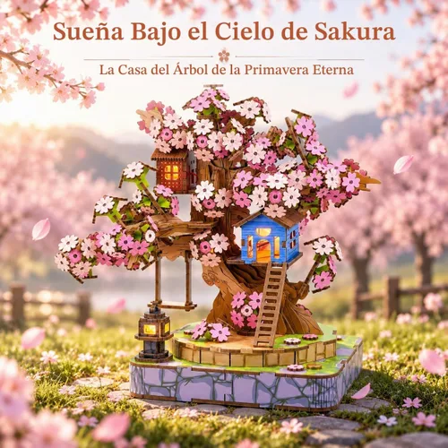 Vista 2 de Sakura Tree House Kit de casa en miniatura para adultos, rompecabezas de madera 3D con luz, juego de construcción de flor de cerezo japonés