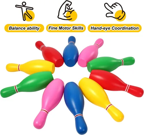 Vista 5 de Liberry Juego de bolos para niños, 10 bolos de juguete de plástico y 2 bolas, juegos deportivos para interiores y exteriores, regalos educativos