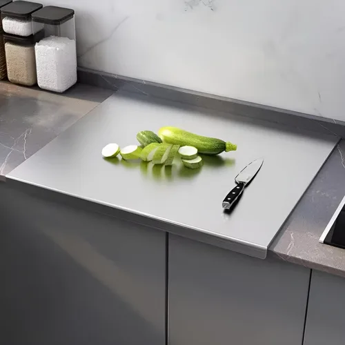 Vista 3 de Tablas de cortar de acero inoxidable para cocina, tabla de cortar de acero inoxidable con borde. Tabla de cortar grande adecuada para carne, frutas