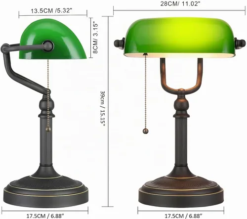 Vista 4 de Lámpara de escritorio de banqueros de vidrio verde antiguo con interruptor de cadena de tracción Enchufe en accesorio verde+negro antiguo