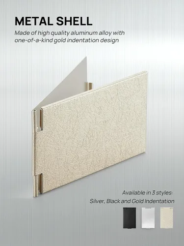 Vista 4 de Espejo plegable portátil, espejo de mesa de maquillaje ultra delgado para viajes con carcasa de aluminio, dorado, tamaño mini, 4.7 pulgadas