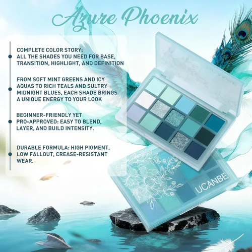 Vista 2 de UCANBE Paleta de sombras de ojos de 15 colores – Kit de maquillaje para ojos con brillo mate, purpurina metálica, tonos frescos en blanco, azul