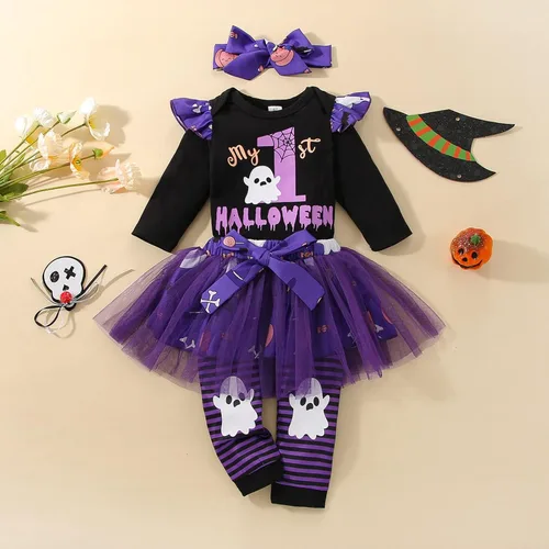 Vista 3 de DOMOABEI My First Halloween - Conjunto de bebé niña recién nacida falda calabaza mameluco 0-18 meses Púrpura