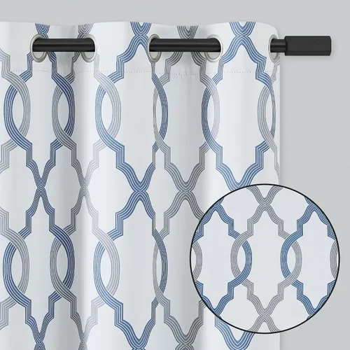 Vista 7 de [Usado] Cortinas 100% blackout, de 63 pulgadas de largo, para dormitorio, azul gris con estampado geométrico marroquí en blanco, cortinas