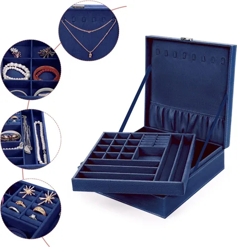 Vista 4 de MOSISO Joyero organizador apilable de doble capa con cerradura para mujeres, collar de terciopelo, aretes, pulsera, anillo y broche, color azul