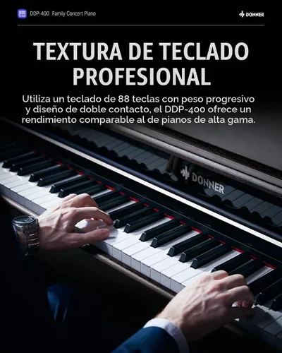 Vista 4 de Donner DDP-400 - Piano digital con teclado progresivo ponderado de 88 teclas, teclado de piano vertical premium para profesionales, paquete