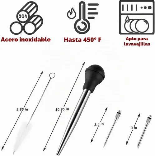 Vista 3 de JY COOKMENT Jeringa de acero inoxidable para pavo Baster Baster Jeringa para cocinar Inyector de carne con 2 agujas de marinada, 1 cepillo de Acero