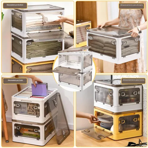 Vista 7 de DILIBRA Contenedores de almacenamiento de plástico de 28 litros con tapas, paquete de 2 contenedores apilables con ruedas y 4 puertas, cajas
