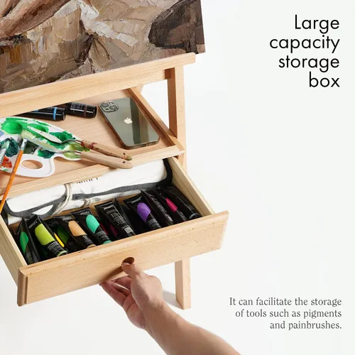 Vista 3 de ARTIFY Caballete de estudio grande de madera con marco en H con cajón de almacenamiento y estante para artistas, soporte de lona de madera de haya