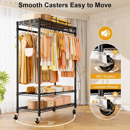 Vista 5 de ULIFHOME P7 - Perchero enrollable para ropa, estantes para colgar ropa, estante resistente para prendas con ruedas, estante de clóset portátil de 3