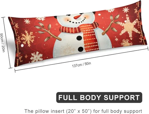 Vista 2 de Funda de almohada corporal con encanto, muñeco de nieve, copo de nieve, primera Navidad en rojo, funda de almohada larga con cremallera