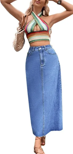 Vista 3 de Falda de mezclilla casual de cintura alta con botones para mujer