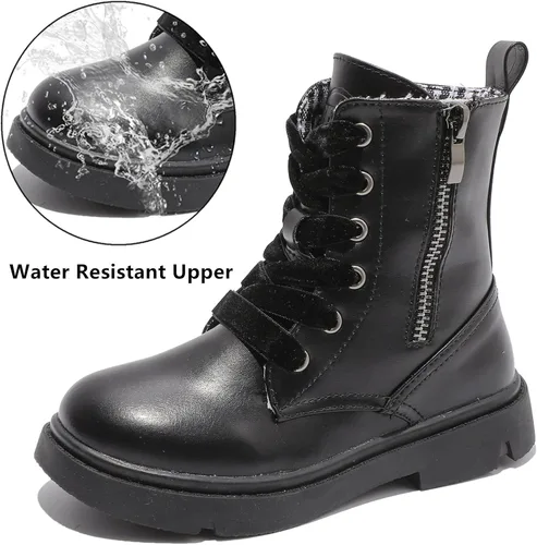 Vista 2 de DADAWEN Botas de tobillo con purpurina para niños y niñas, zapatos de combate impermeables con cremallera lateral para niños pequeños, niños grandes