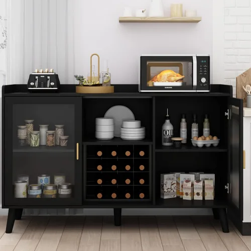 Vista 5 de Auromie Armario de bar de vinos con luz LED, gabinete de café para el hogar con estante para vino y vidrio, aparador de cocina con estantes de Negro