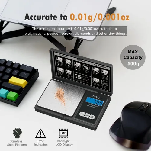 Vista 2 de NUTRI FIT Báscula de Gramos Báscula Digital Precisión de 0.01g, 500g Báscula de Bolsillo Pequeña Báscula de Joyería, Peso para Alimentos Onzas