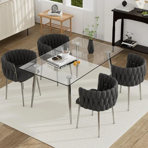 Vista 59 de Juego de mesa de comedor de cristal plateado para 2, juego de mesa cuadrada de lujo moderno de 36 pulgadas, juego de mesa de cocina minimalista de 3
