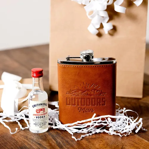 Vista 5 de Pavilion - Hombre al aire libre 8 oz acero inoxidable PU cuero frasco al aire libre Woodsy senderismo camping montaña hombres senderismo regalo