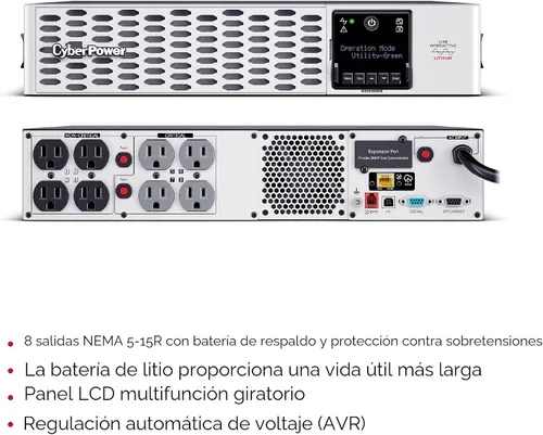 Vista 3 de CyberPower PRL1500RT2UC Smart App Sinewave UPS Batería de Respaldo y Protector de Sobretensión, 1500VA/1500W, 8 tomacorrientes, 2U Rack/Torre, AVR