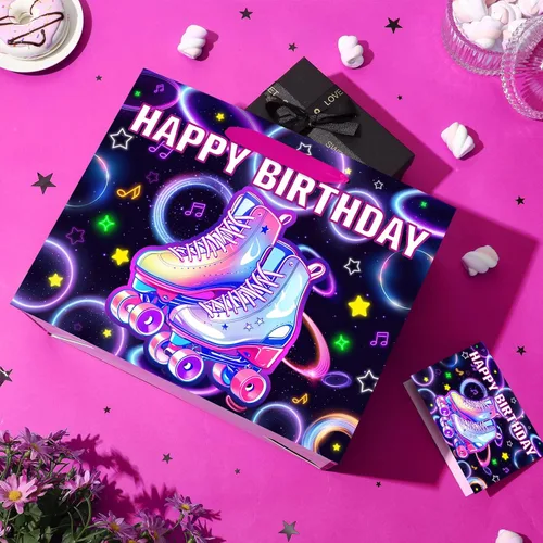 Vista 7 de Patinaje sobre ruedas para decoración de cumpleaños, bolsa de regalo de cumpleaños con papel de regalo y tarjeta, bolsa de papel grande y colorida