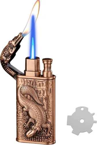 Vista 11 de Encendedor de antorcha, diseño de cocodrilo en relieve, encendedor mágico de doble llama con herramienta de llama de ajuste, encendedores de butano
