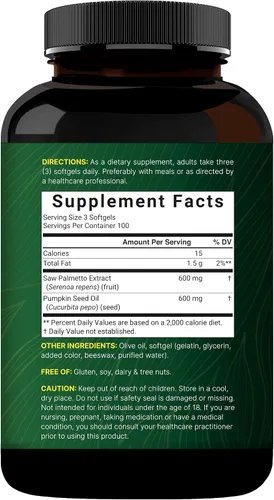 Vista 7 de Saw Palmetto para hombres con aceite de semilla de calabaza, 1200 mg, 300