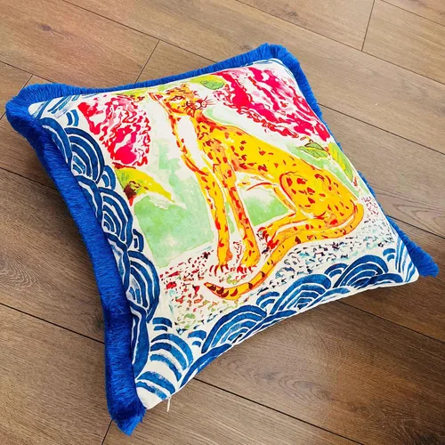 Vista 4 de Funda de almohada con patrón de leopardo, funda de almohada de terciopelo única, cojín de borla azul, almohada decorativa para decoración del hogar