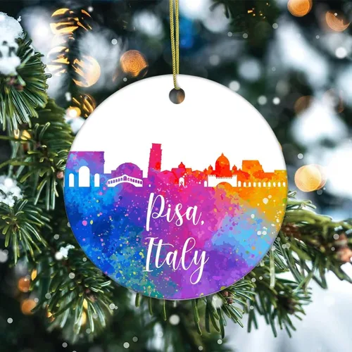 Vista 2 de Adorno de Navidad de cerámica de Pisa de Italia, estampado de dos caras, novedoso para familiares, amigos, niños, colgantes de recuerdo de Navidad