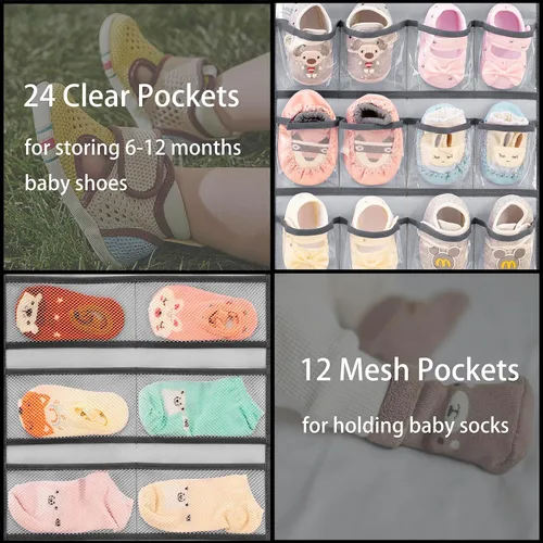Vista 5 de Organizador de zapatos de bebé colgante de doble cara para armario, soporte de almacenamiento de zapatos para niños pequeños, calcetines con lazo