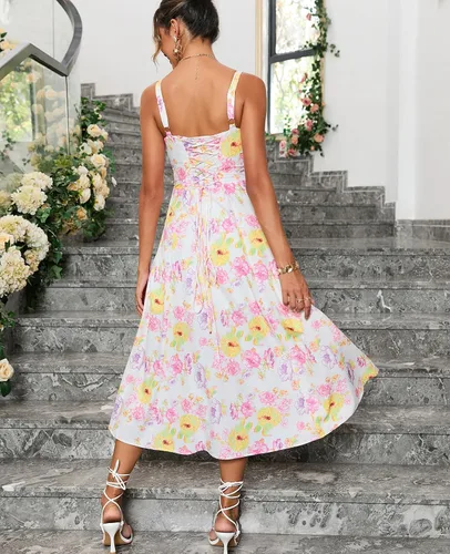 Vista 3 de Vestido midi floral con corsé, bohemio, con abertura fluida, con cordones, para mujer, para salir, acampanado, vestido casual
