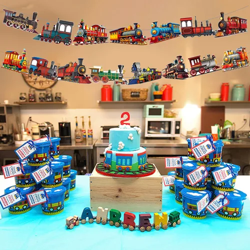 Vista 5 de Decoraciones retro para fiesta de tren de vapor, suministros de decoración de fiesta de cumpleaños, incluye pancarta de feliz cumpleaños, remolinos